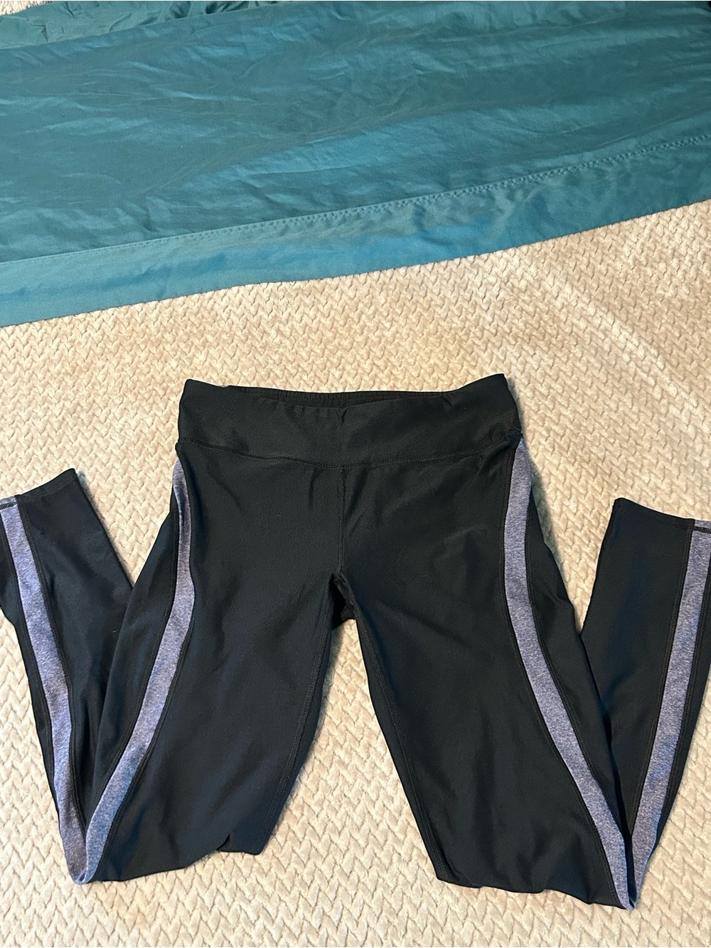RBX Athletic Wear Black Leggings with Purple Heather Side Stripes